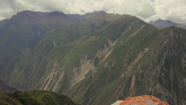 Panning shot of the deep Apurimac Canyon landscape from Capitan Rumi viewpoint in Curahuasi, Peru.