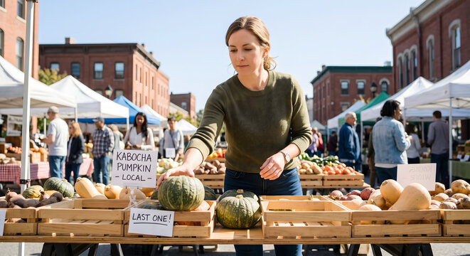 Woman reaching across a display table to grab a winter squash at an outdoor market