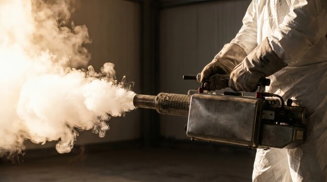 Professional worker in protective suit operating a fogging machine, emitting thick smoke for disinfection, pest control, or sanitization in an indoor environment.