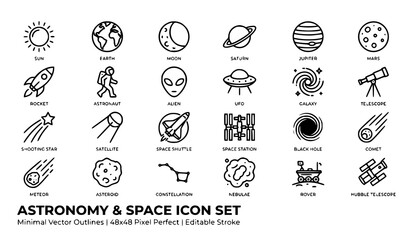Astronomy and space line icon set featuring sun, earth, moon, saturn, jupiter, rocket, astronaut, satellite and black hole symbols © Mst