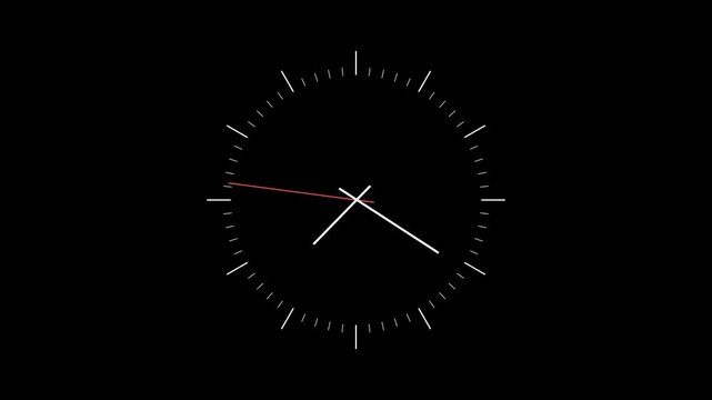 A minimalist analog clock displaying the time eight twenty, with white hour and minute hands, a thin red second hand, and white markers on a black background .time and space, past, present and future
