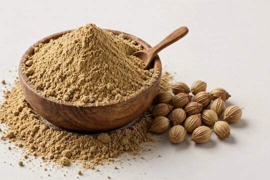 Coriander Powder in Wooden Bowl with Whole Seeds