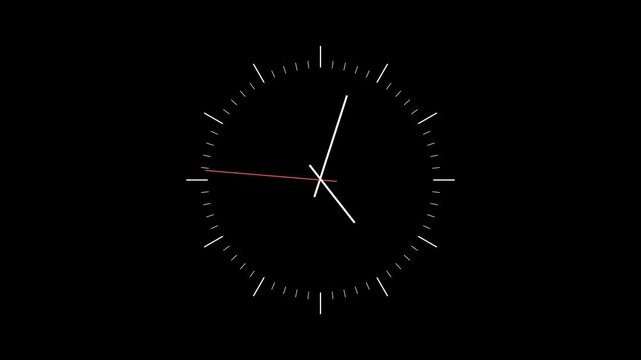 Simple watch face with fast-moving hands. Design. Time on clock is going fast. Hands on clock go fast and speed up time.  Reverse clock animation showing time running backward on black background,