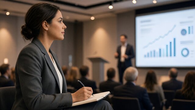 Businesswoman Taking Notes During a Professional Seminar and Presentation in Office