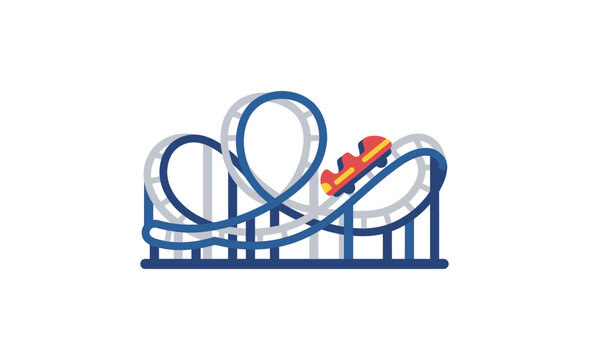 Roller coaster track with a red car is a flat vector illustration