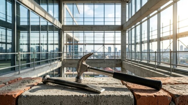 Close up of a steel claw hammer and masonry chisel resting on a brick ledge at a modern high-rise building construction site with floor-to-ceiling glass windows and city view.