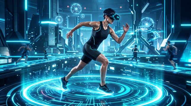 Athletic woman running in a high tech virtual reality environment with glowing blue neon digital light effects and futuristic background