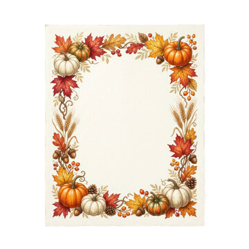 Hand-painted Autumn Watercolor Frame with Pumpkins, Fall Leaves, Wheat, and Acorns for Harvest Season
