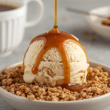 Scoop of Vanilla Ice Cream with Caramel Sauce Drizzle on Oat Crumble Base   