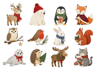 Fototapeta premium Cute woodland animals in festive outfits, PNG with transparent background.
