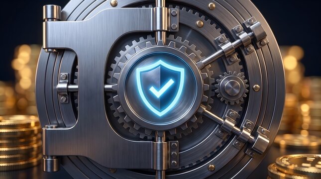Heavy metal bank vault door featuring glowing security shield icon and gold coins for financial protection concept