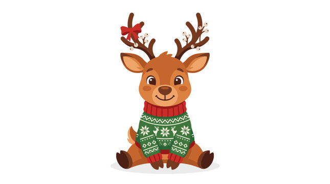 Adorable cartoon baby reindeer sitting and wearing a festive green and red knit Christmas sweater with snowflake patterns, brown antlers decorated with a red bow and white berries.