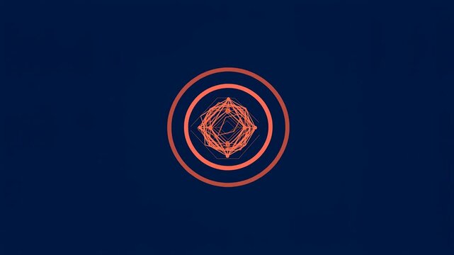 Orange geometric wireframe forms converge into a centered polygon while concentric rings expand and contract around it on a deep navy background with balanced radial motion