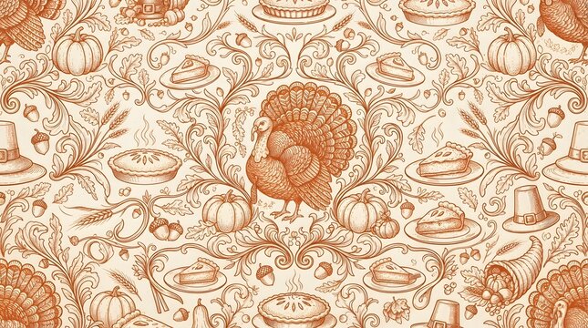 Seamless thanksgiving pattern with turkeys, pumpkins, pies, and autumn foliage in a vintage handdrawn sketch style