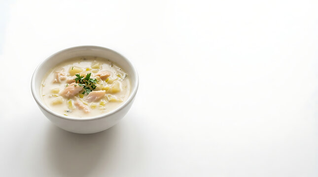 Cullen skink fish soup in a white bowl isolated on white background