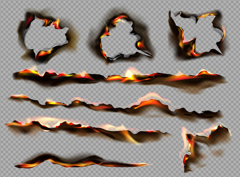 Set of realistic burning paper edges and hole burn marks with fire and smoke effects on transparent background