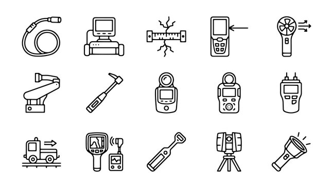Ndt equipment vector icons set, non destructive testing tools, industrial inspection symbols