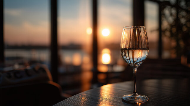 Glass catching sunset reflection near panoramic window in warm luxury setting