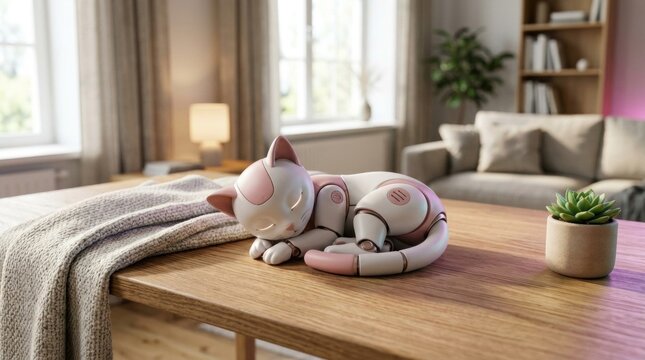 Robotic pink and white pet cat sleeping on a wooden table next to a potted succulent and grey blanket in a bright, modern home interior with blurred background and soft lighting.