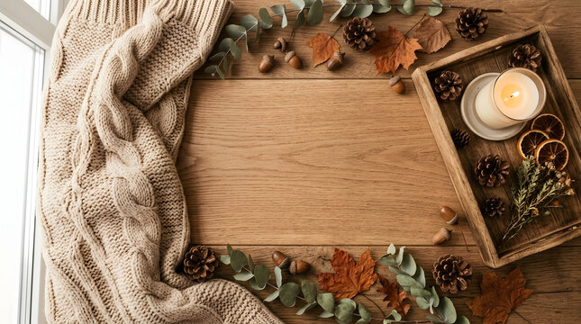 Cozy autumn home background with chunky knit blanket, candle, and empty copy space