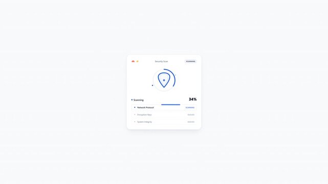 Minimalist cybersecurity interface animation performing a digital security scan with a location icon and progress updates for software systems analysis dashboard