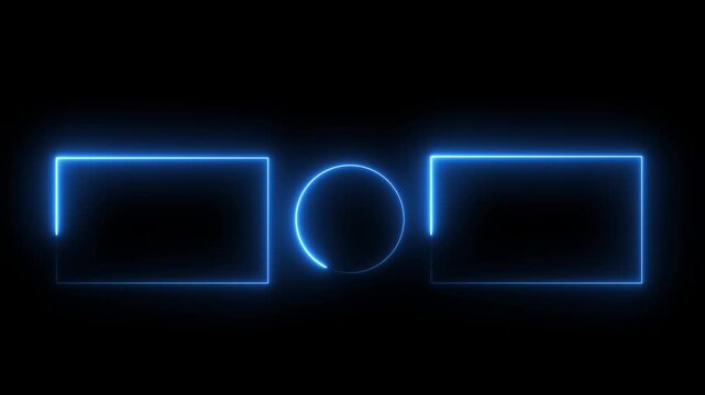 Blue neon glowing video end screen layout with frames and circle