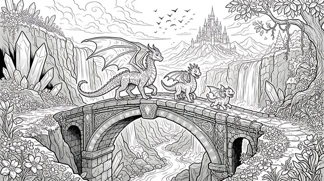 Dragon family coloring page featuring three dragons on a stone bridge, cascading waterfalls, crystals, and a distant castle