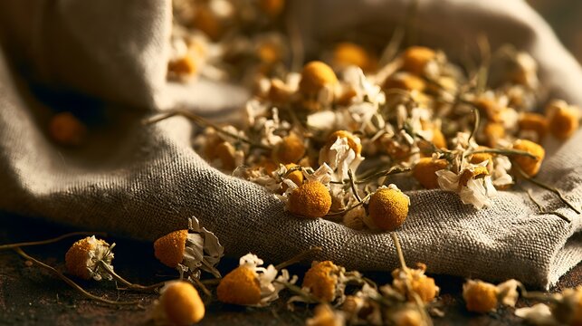 Dried Chamomile Flowers Spilled from a Rustic Linen Pouch.