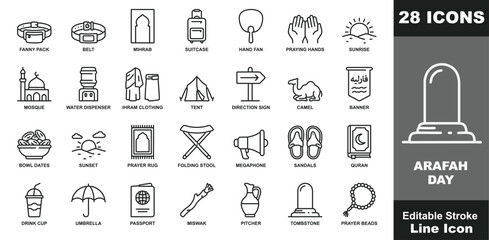 Collection of twenty-eight linear icons depicting arafah day themes including religious symbols, travel and traditional islamic © Alema360