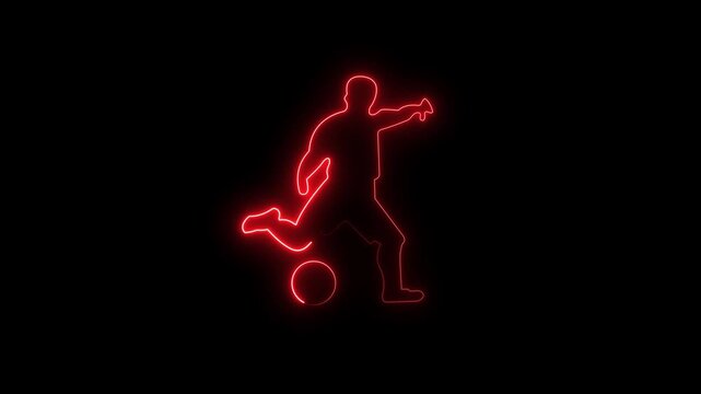 Red glowing neon football player silhouette kicking ball vector graphic