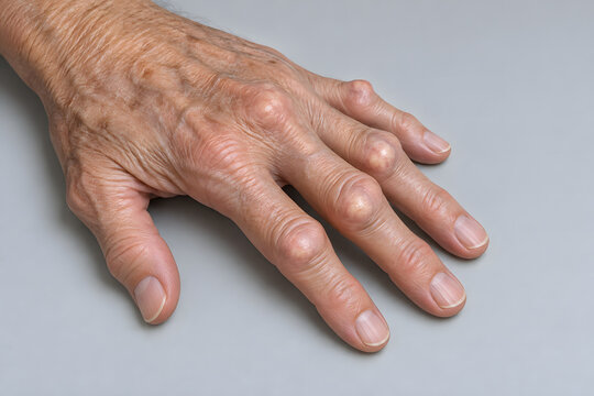 Older hand with pale joint nodules illustrating tophaceous gout