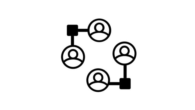 Black line icon of four connected user avatars linked by lines and square nodes representing a people network, team collaboration, and distribution