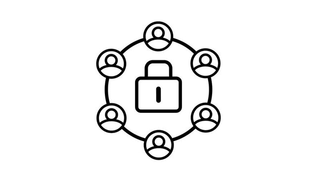 Black line icon of six person avatars in a circle around a padlock representing secure community access, group privacy, and protected data sharing