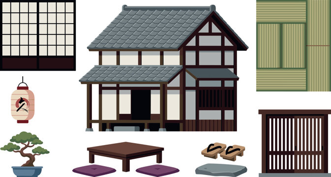 Traditional Japanese Architecture and Minka House Interior Decor Vector Set