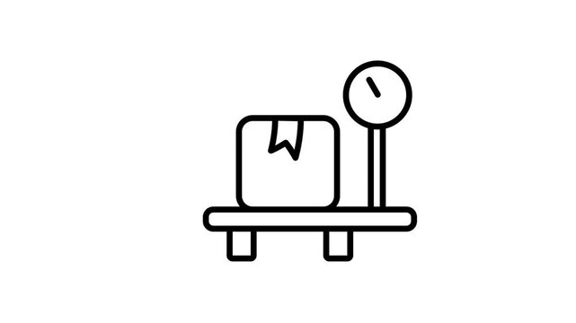 Black line icon of a cardboard parcel on a weighing scale with a dial gauge representing package weight measurement, shipping fee, and cargo check