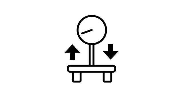 Black line icon of a dial weighing scale with up and down arrow signs representing weight change, scale calibration, load adjustment, and measurement
