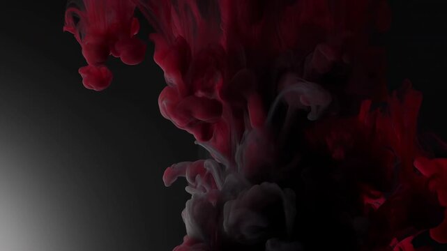Red and gray smoke-like plumes billow and curl from right side across dark gradient background, expanding into layered clouds with soft edges, dense folds, and shifting translucent wisps