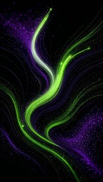 Abstract Fractal Burst with Glowing Green and Purple Energy Waves, Dynamic Light Streaks and Futuristic Patterns for Modern Technology Background Design