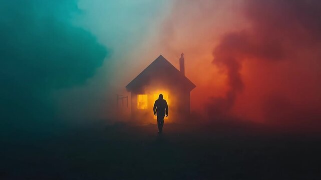 Mysterious hooded figure standing outside a burning house surrounded by thick smoke during dark atmospheric video motion footage