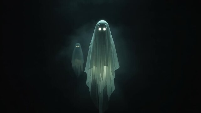Glowing white sheet ghosts floating mysteriously in dark spooky fog during halloween night video footage