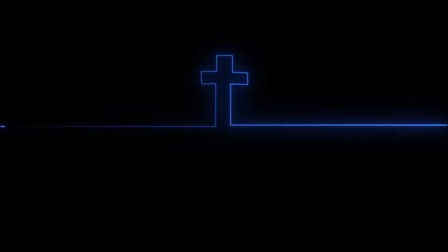 Animated, symbol and cross in center for christian faith, religion and belief with icon by dark background. Space, particles and neon with worship for god, jesus and christianity praise with hologram