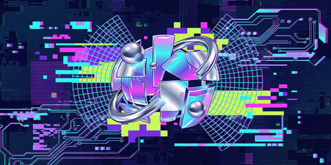 Futuristic circular tunnel portal with neon arcs glass cubes and speed lines—Ideal for Y2K Cyberpunk Digital Art Background Design © Selia
