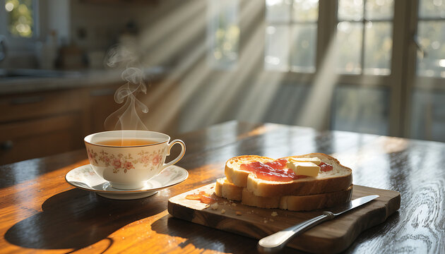 Vintage tea set with toasted sandwich on wooden board under warm