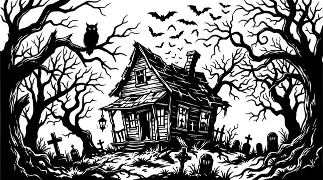Halloween Haunted Shack Silhouette: Abandoned Crooked House with Dead Trees, Owl, Graveyard, Tombstones & Flying Bats Vector Illustration