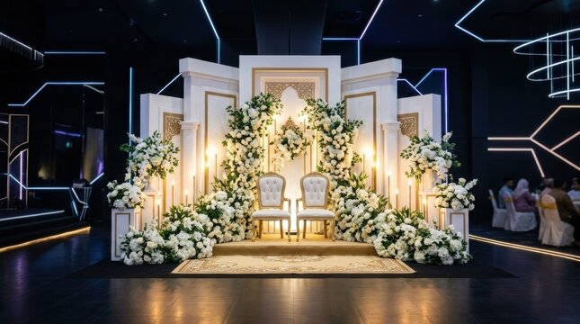 Ornate wedding stage decoration with two white chairs, massive white floral arrangements, gold accented panels, and warm lighting in a dark event hall with geometric neon wall lights.