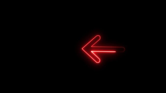 Bright red glowing neon left pointing arrow symbol isolated on dark backdrop graphic design
