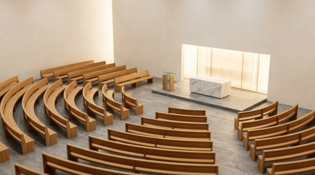 Modern minimalist church interior featuring curved wooden pews in a semi-circle arrangement facing a white marble altar and wooden podium, set against neutral walls and stone flooring.