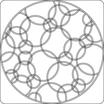 Multiple overlapping circles and rings form an intricate round medallion inside a rounded square border.