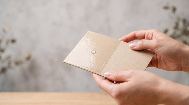 Woman holding eco friendly cardboard sample showing glossy waterproof protective coating with water drop.