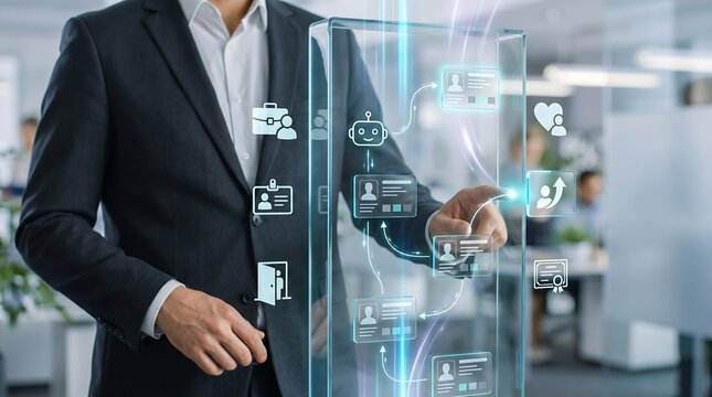 Human resources professional navigating recruitment workflow using interactive glass display with integrated virtual icons for employee onboarding and administrative task management